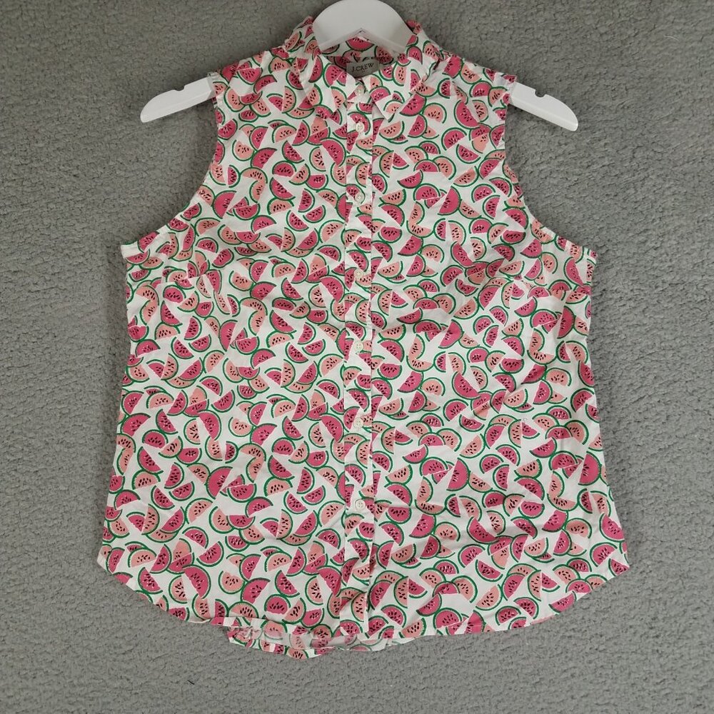 J. Crew Sleeveless Poplin Shirt Women's Medium Watermelons Button Up Summer Pink